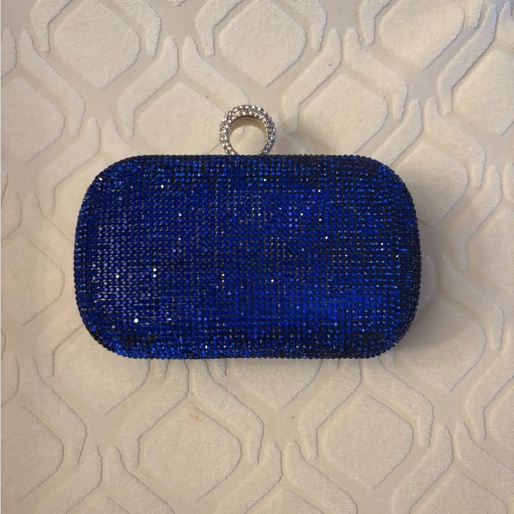 Blue Rhinestone Clutch with Gold Ring Handle